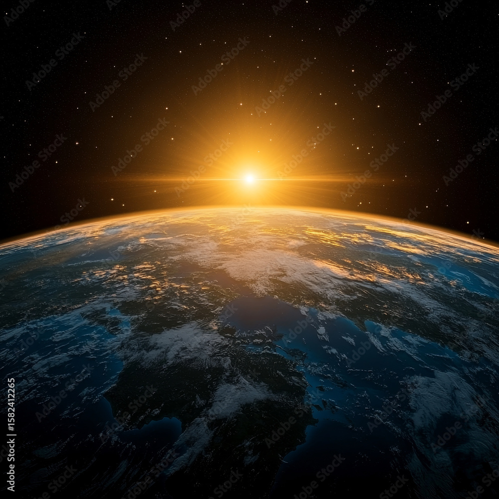 Fototapeta premium Sunrise Earth: Golden rays illuminate a vibrant planet from space