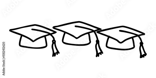 Three graduation caps in linear black outline