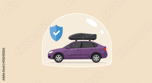A car is encased in a protective bubble, symbolizing insurance coverage and vehicle safety