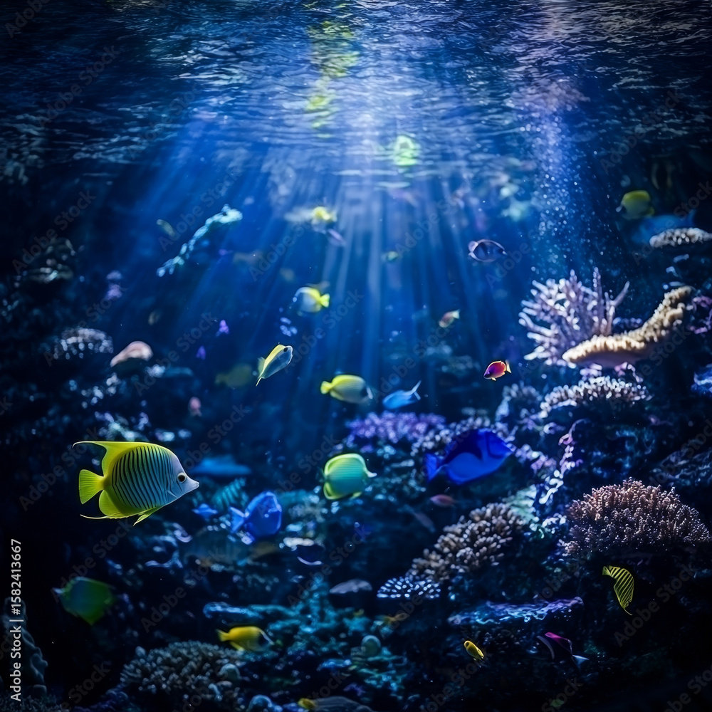 Fototapeta premium Sunbeams illuminate vibrant coral reef, teeming with colorful fish