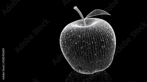 Wireframe apple with water droplets, reflective surface