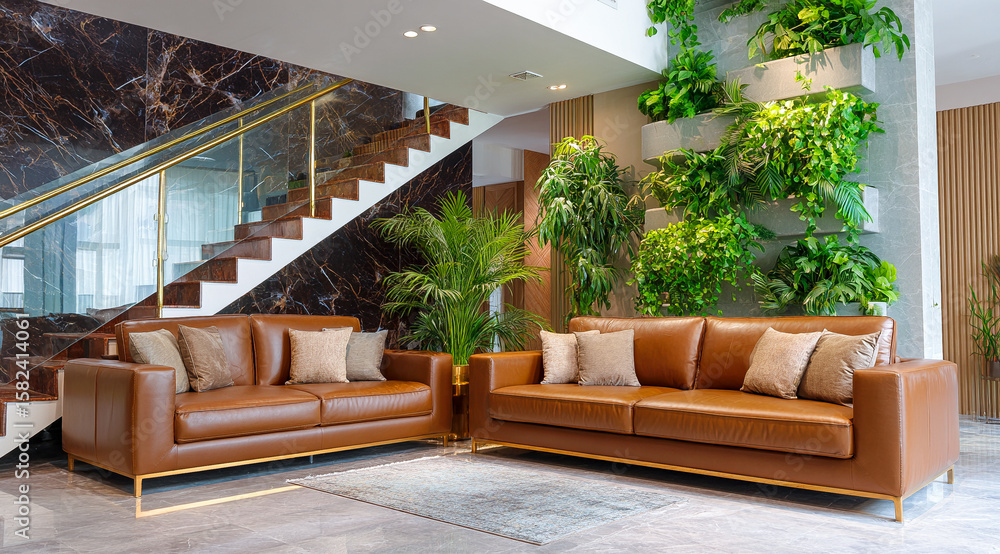 Fototapeta premium Living room with leather sofas and plant wall