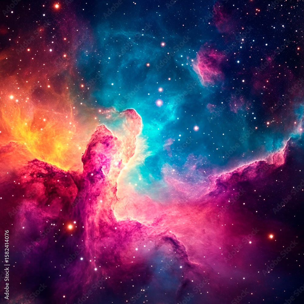 Obraz premium Vibrant nebula in deep space with swirling clouds of pink, blue, and orange gas illuminated by distant stars, forming a stunning cosmic landscape