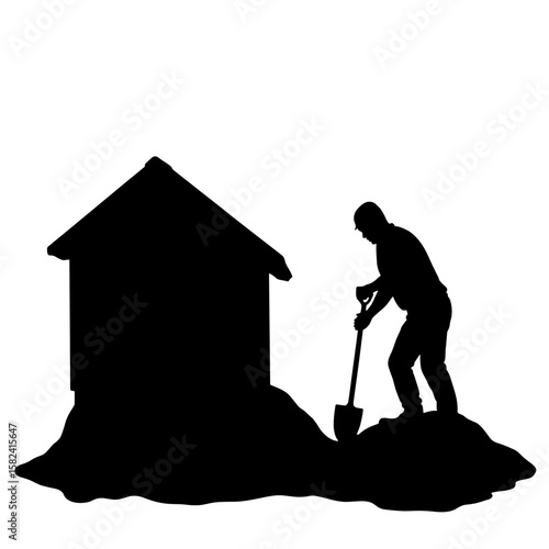 Silhouette of person digging trench around house – Fortification, Tactical Preparation