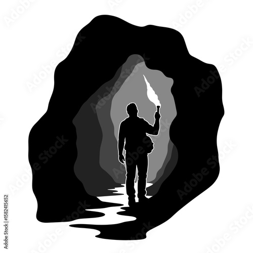 Silhouette of survivor with torch entering dark cave – Unknown depths exploration, illumination