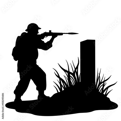 Silhouette of soldier aiming rifle in battle, military defense strategy