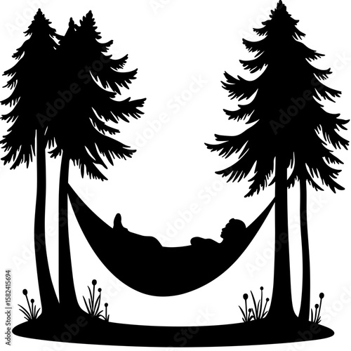 Silhouette of person relaxing in hammock between trees – nature leisure, copyspace