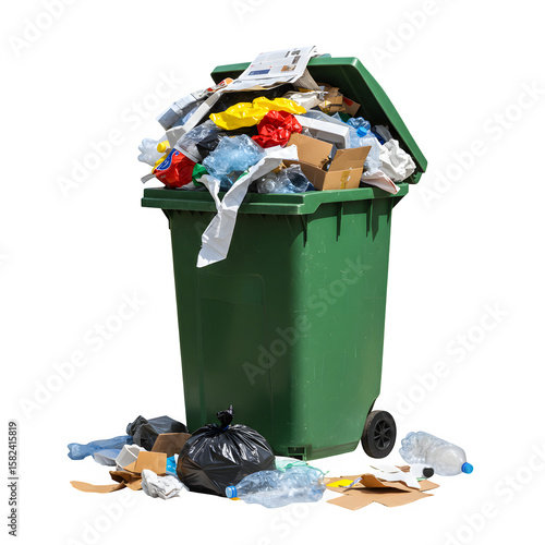 Realistic pile of plastic and paper waste overflowing trash can, garbage scattered on white background, isolated, environmental pollution and waste management concept