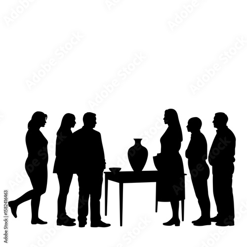 Silhouette of gallery guide presenting Asian ceramics to group, cultural storytelling