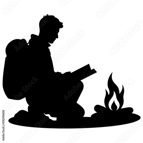 Silhouette of backpacker reading guidebook by campfire, outdoor adventure