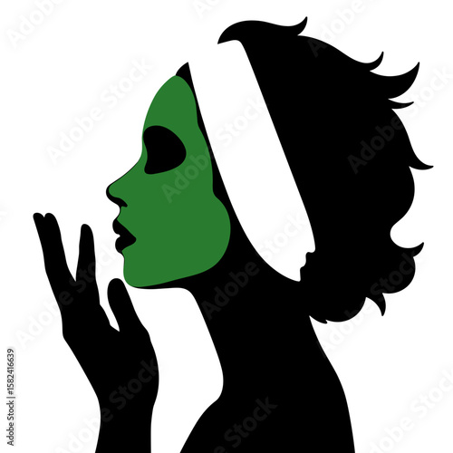 Silhouette of woman applying green face mask – Skincare beauty routine, wellness