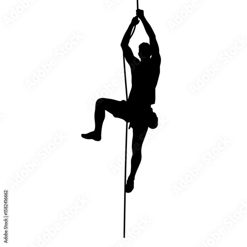 Silhouette of climber ascending rope – ambition and strength, copyspace