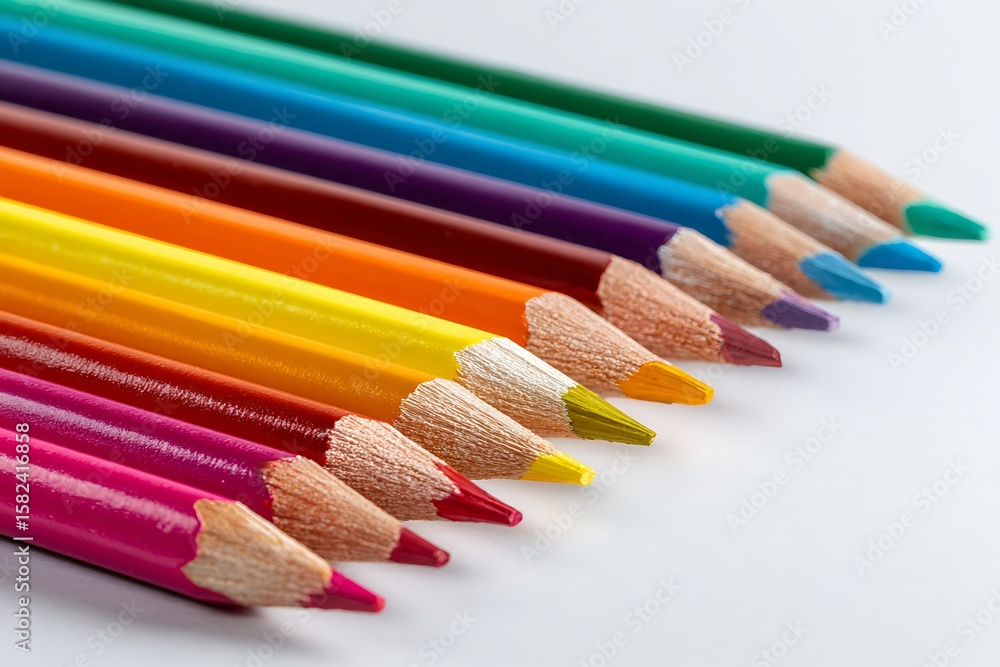 Obraz premium Vivid rainbow of sharpened colored pencils lay side by side in a crisp studio setting for artistic endeavors and back to school supply themes.
