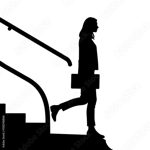 Silhouette of businesswoman walking up stairs with briefcase – Corporate career, copyspace