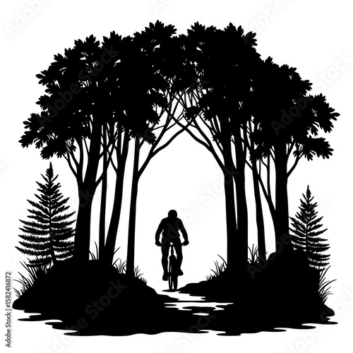 Cyclist silhouette riding through forest tunnel – outdoor adventure, nature exploration