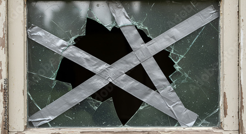Broken window with duct tape covering jagged glass edges  