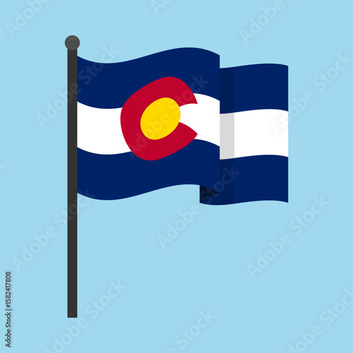 Colorado flag waving on a flagpole against a soft blue backdrop. Vector illustration for editorial, educational, patriotic, or design projects involving U.S. state symbols and Western heritage