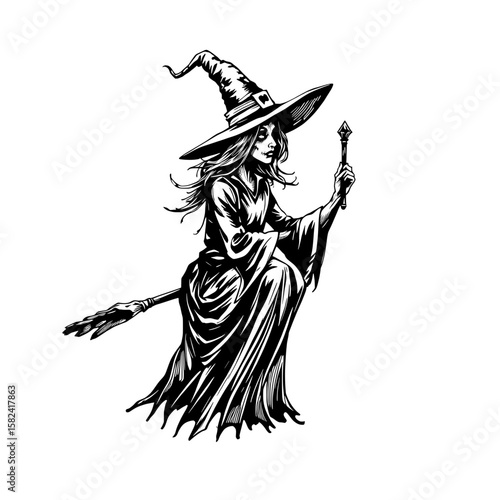 Spooky Halloween Witch Riding Broomstick with Magic Staff Silhouette Illustration, Mystical Sorceress Character Flying in Mid-Air