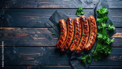 Grilled sausages on dark wooden background with parsley barbecue food meat