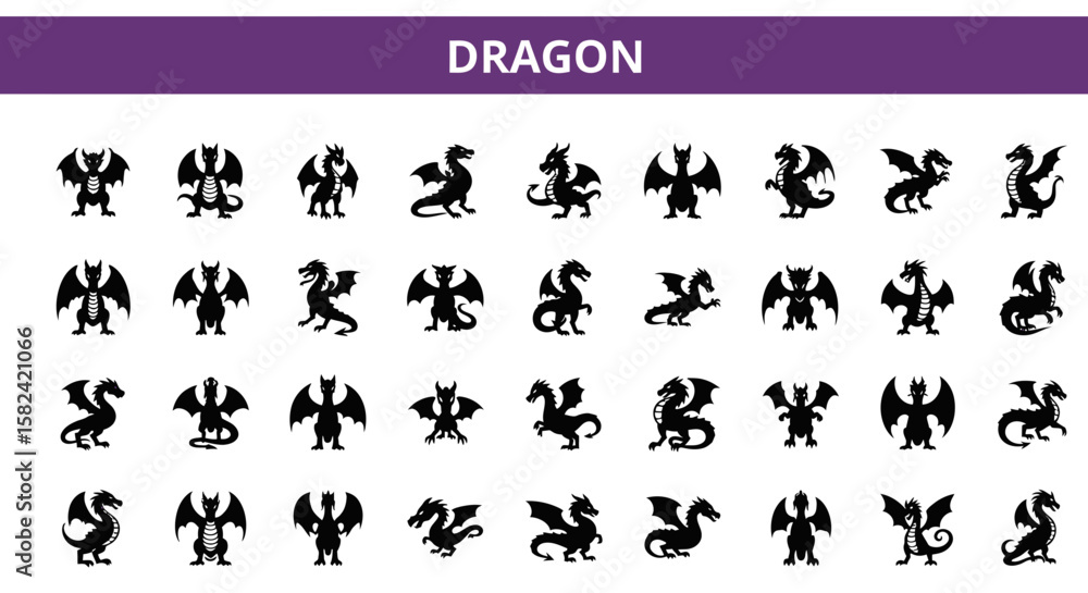 Fototapeta premium Dragon Silhouette Icons Set: Fantasy, Mythology & Power Symbols