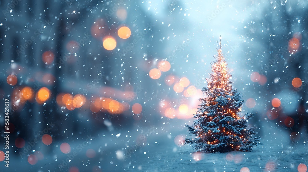 Naklejka premium Festive blurred winter background with snowy Christmas tree and glowing golden bokeh lights for holiday and New Year celebration design
