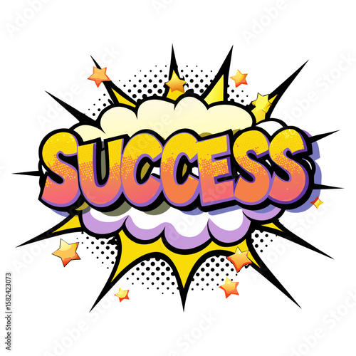"Success" message in comic book style with stars and explosion background, isolated vector image on transparent background  