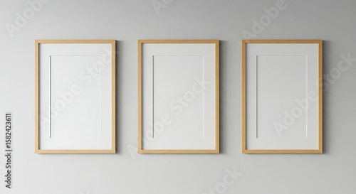 Fototapeta Naklejka Na Ścianę i Meble -  Three empty light wooden picture frames on a light gray wall.