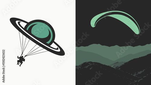 An imaginative design featuring a planet with a parachute and a paraglider soaring through stylized mountains.