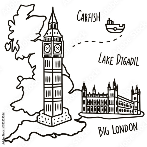 Illustration of the united kingdom with big ben, westminster palace, a boat and text labels catfish and lake digadil