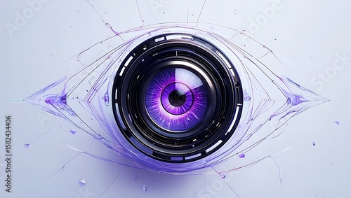A stylized eye with a camera lens at its center, symbolizing artificial intelligence and surveillance