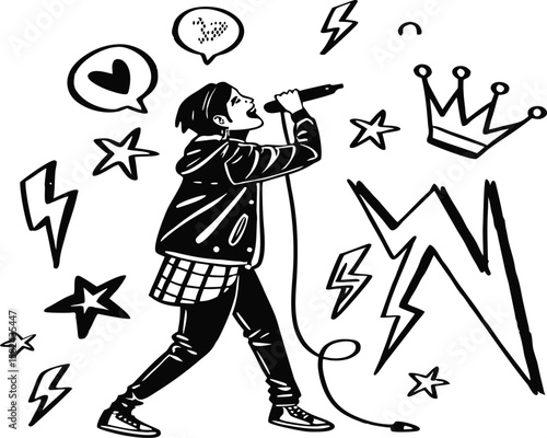 Singer with microphone surrounded by lightning bolts and stars crown