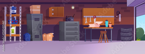 Vector garage interior with table, tools, shelves, metal cabinet, boxes, tires and open gate.