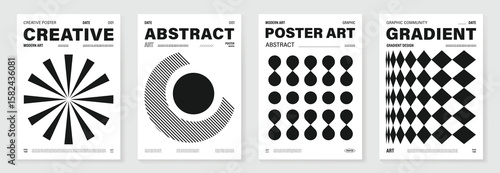 Abstract monochrome poster background vector set. Modern cover template with black and white perspective geometric prism shape, line. Ideal design for social media, banner, ads. 