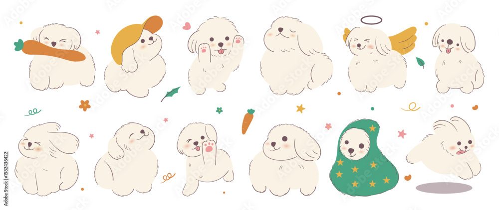 Fototapeta premium maltese dog sticker vector. Lovely puppy doodle in different poses with carrot, flower. Adorable funny pet and many characters hand drawn collection for T-shirt, sticker, print, pet shop.