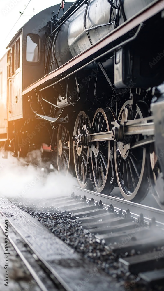 Naklejka premium Vintage steam train, smoke billowing, close-up wheels