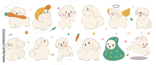 maltese dog sticker vector. Lovely puppy doodle in different poses with carrot, flower. Adorable funny pet and many characters hand drawn collection for T-shirt, sticker, print, pet shop.