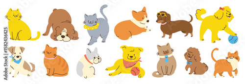 dog and cat sticker vector. Lovely pet doodle pattern in different poses and breeds. Adorable funny pet and many characters hand drawn collection for T-shirt, sticker, print, pet shop. 