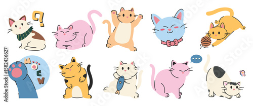cat sticker vector. Lovely kitten doodle pattern in different poses and breeds. Adorable funny pet and many characters hand drawn collection for T-shirt, sticker, print, pet shop. 