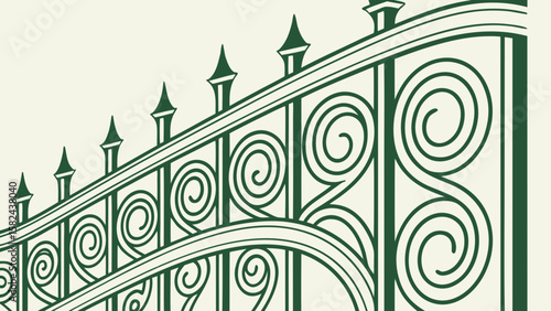 A decorative green iron fence featuring elegant swirling patterns and pointed finials.