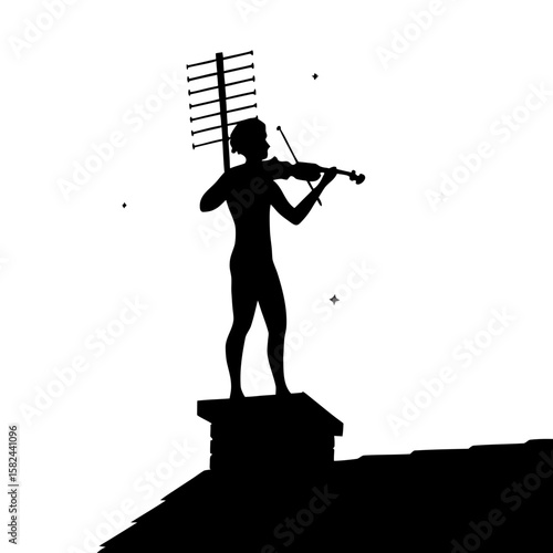 Violinist Silhouette on Rooftop Under Stars – Transparent PNG
