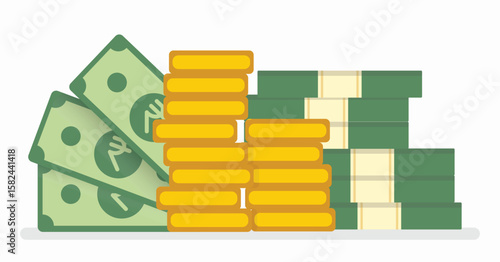 flat vector stack of indian currency notes with rupee coins, perfect for finance, saving, and economic design