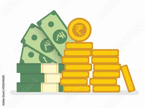stack of indian rupee banknotes and gold coins, flat vector money illustration for financial, economy, and investment design