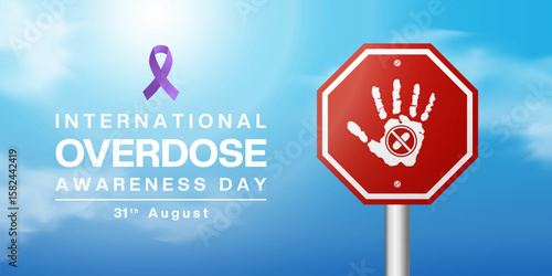 31 August is International Overdose Awareness Day. Ribbon, hand, medicine and more. Perfect for posters, banners and social media. Blue sky background.