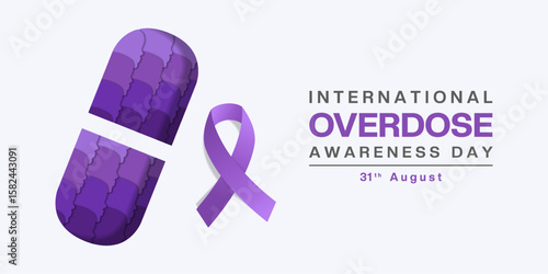 31 August is International Overdose Awareness Day. Medicine, people and ribbon. Perfect for posters, banners and social media. White background.