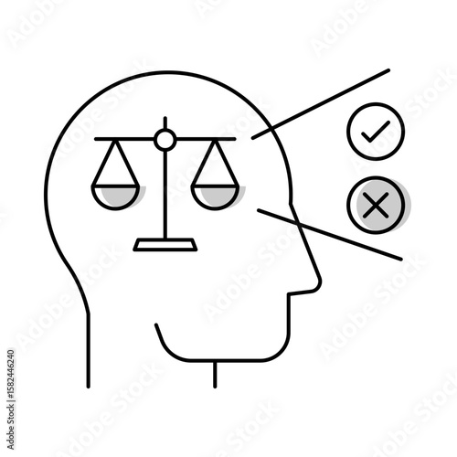 Decision Making – Scales in Brain Representing Evaluative Thinking and Balanced Judgment. Vector Icon