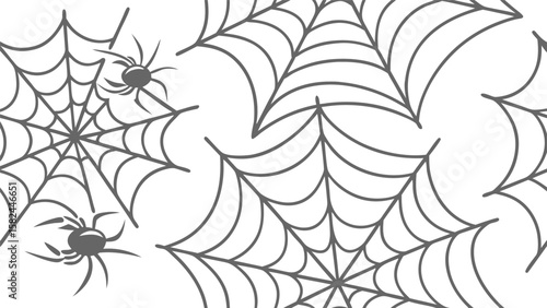 Illustration of multiple spiderwebs with spiders in a gray color scheme on a white background design element
