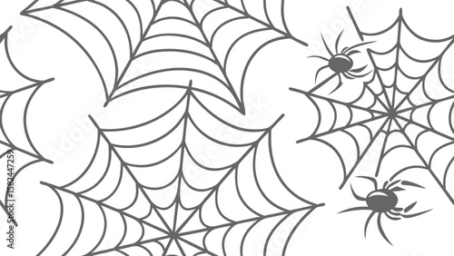Illustration of multiple spiderwebs with spiders attached in a seamless repeating pattern on a white background