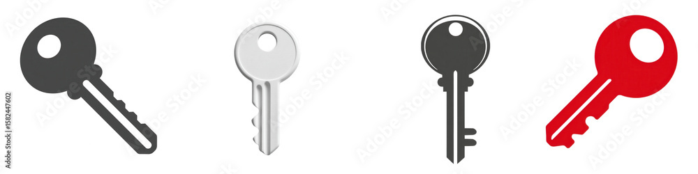 Four distinct keys in different colors and styles isolated on transparent background Four distinct keys in different colors and styles isolated on transparent background