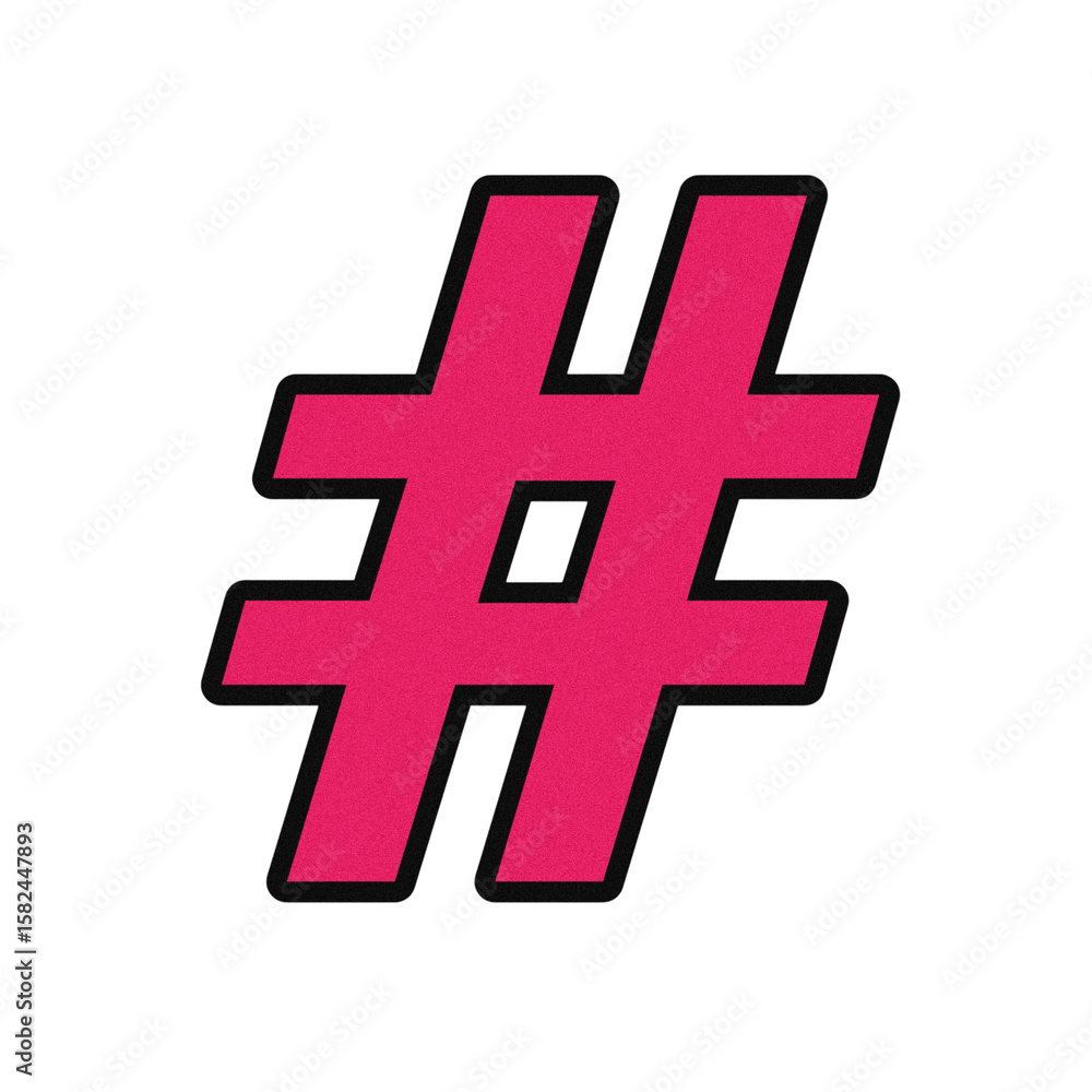 Obraz premium Bright pink hashtag symbol with black outline and subtle shadow isolated on transparent background