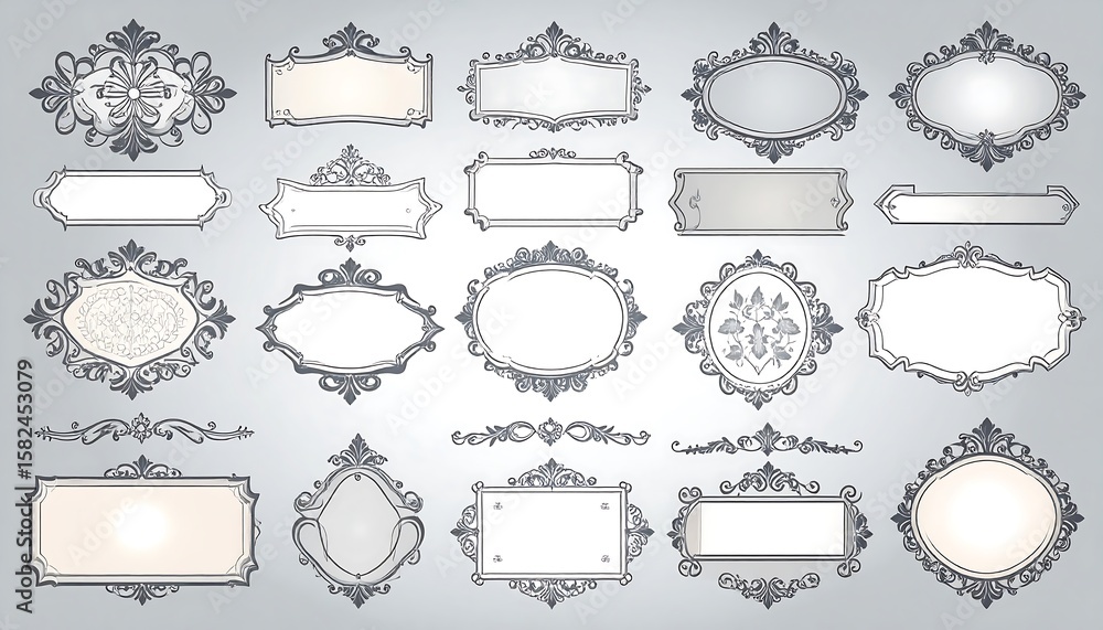 Collection of decorative frames and borders in various shapes and sizes, featuring ornate patterns and elegant designs Collection of decorative frames and borders in various shapes and sizes, featuring ornate patterns and elegant designs